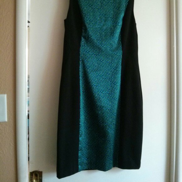 NWT Black Sheath Dress Slimming Blue Geometric Panel - Size 14 Office Chic Retro - Picture 2 of 10